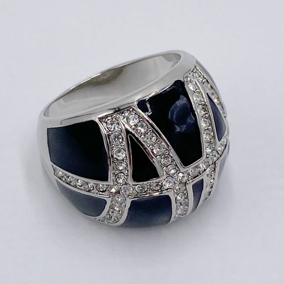 Enamel Statement Ring, Rhinestone Black Ring - Picture 3 of 8